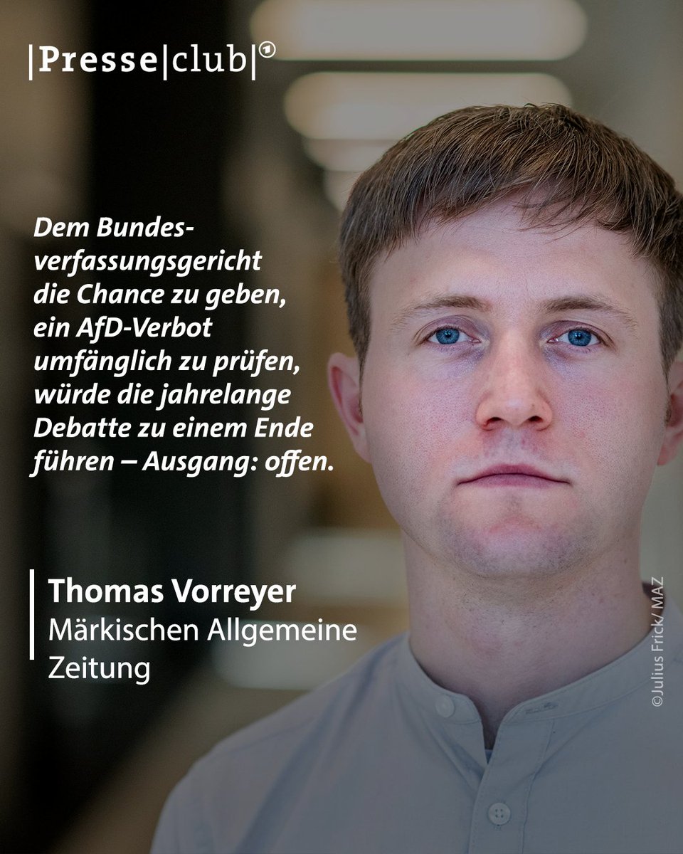 Presseclub (@ard_presseclub) on Twitter photo Ein Verbot der AfD könnte zu gesellschaftlichen Verwerfungen führen, fürchtet <a href="/tvorreyer/">Thomas Vorreyer</a>. Menschen würden sich kriminalisiert fühlen. Die Lücke würde von noch radikaleren Kräften gefüllt. Geprüft werden sollte ein Parteiverbot trotzdem. #presseclub Ein Verbot der AfD könnte zu gesellschaftlichen Verwerfungen führen, fürchtet <a href="/tvorreyer/">Thomas Vorreyer</a>. Menschen würden sich kriminalisiert fühlen. Die Lücke würde von noch radikaleren Kräften gefüllt. Geprüft werden sollte ein Parteiverbot trotzdem. #presseclub
