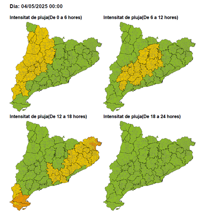 trsemergencies's tweet photo. #CECAT comunica que es manté en ALERTA l'INUNCAT. Possibilitat de superar 20 mm/30 min. No es descarta tempesta ni calamarsa. Tampoc, ratxes fortes de vent. A Terrassa: per a demà, risc baix de 14h a 20h. Per dilluns, risc moderat de 14h a 20h, i risc baix fins a les 2h del 6/5. https://t.co/RRRORmXGpF