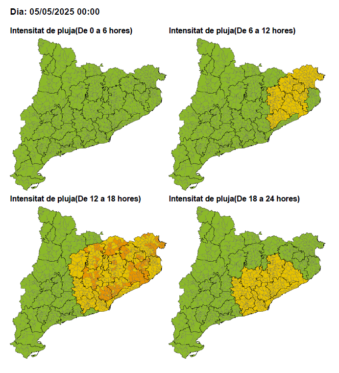 trsemergencies's tweet photo. #CECAT comunica que es manté en ALERTA l'INUNCAT. Possibilitat de superar 20 mm/30 min. No es descarta tempesta ni calamarsa. Tampoc, ratxes fortes de vent. A Terrassa: per a demà, risc baix de 14h a 20h. Per dilluns, risc moderat de 14h a 20h, i risc baix fins a les 2h del 6/5. https://t.co/RRRORmXGpF