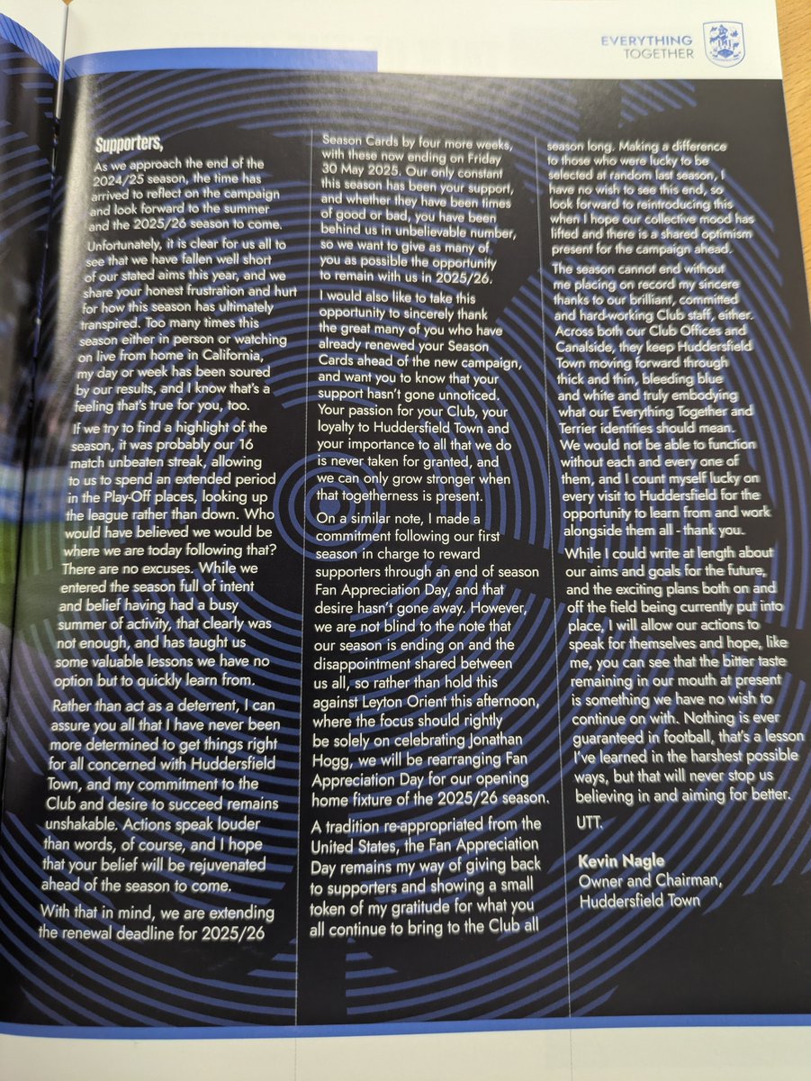 Chairman's notes from today. Season ticket deadline extended to 30th May, Fan Appreciation Day will be the first home game of next season, admits there is a "bitter taste" in the mouth from this season and hopes actions this summer will speak louder than words