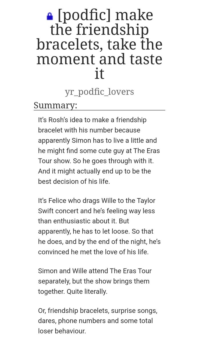 Let's make some bracelets. 😉

Thank you <a href="/littlefandom4/">monia 🧡✨️</a> for allowing us to record your fic.

make the friendship bracelets, take the moment and taste it

Podfic: archiveofourown.org/works/65237545
Length: 01:00:30
streaming + download

Original work: archiveofourown.org/works/56230813
