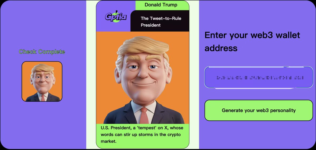GPTia_AI's tweet photo. Input your address to find your personality ID! Mine is U.S. President, haha 🤣🤣
https://t.co/MAWFZSABq7

#Gptia $Sol #AI $BNB https://t.co/hb0c3jjiWz