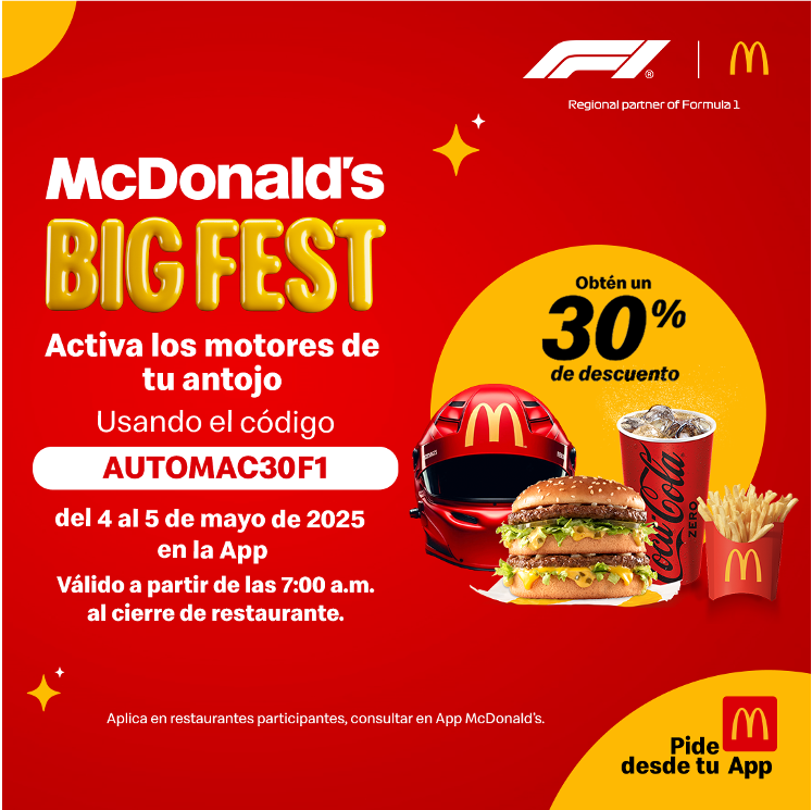 McDonaldsMexico's tweet photo. No estás en Miami, pero puedes disfrutar la F1® 🏎️ con nuestro #BigFest  🍔🍟🥤​
Aprovecha esta gran oferta en la App del 4 al 5 de mayo 2025 y pasa al #AutoMac como quieras.🚘 🚲 🛴 🛵 🚐 🛼​
Descárgala aquí: ➡️ https://t.co/FHWRM5iGcO https://t.co/cluSzfi7yC