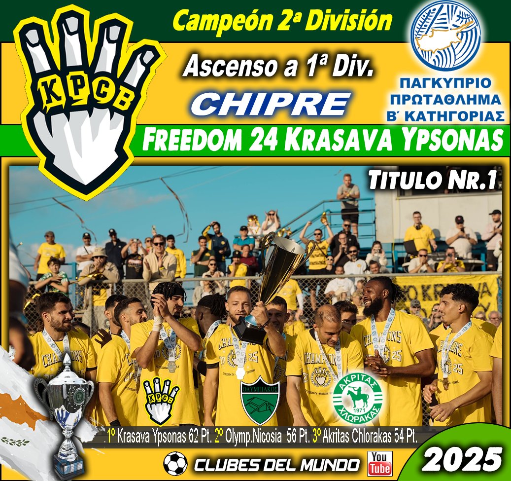 ClubsDelMundo's tweet photo. El FREEDOM 24 KRASAVA YPSONAS conquista por primera vez la 2ª DIVISIÓN  CHIPRIOTA y asciende a 1ª División. En 2022 un Youtuber Ruso de Fútbol  compro el club, llevandolo a lo mas alto. #Ypsonas #Krasava #Cyprus #FreedomKrasava #Chipre @krasavafc https://t.co/dDl0QwNCbd