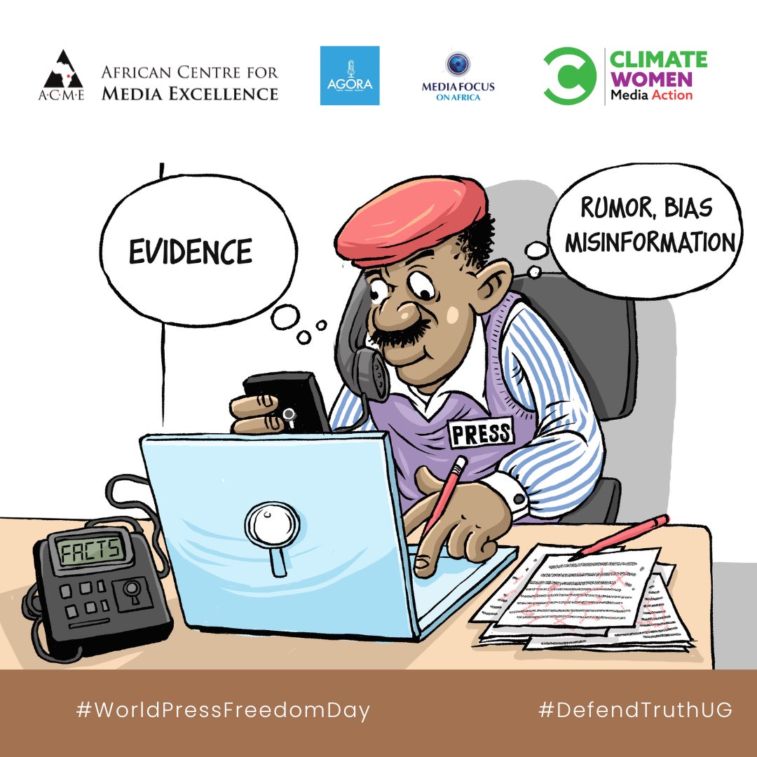 AgoraCFR's tweet photo. On #WorldPressFreedomDay, let’s commit to #DefendTruthUG by prioritizing evidence over rumor, bias, and misinformation. Join @ACME_Africa , @AgoraCFR , @Media_Focus , and @ClimateActionug in championing factual journalism! #DefendTruthUG #WPFD2025 https://t.co/5EK6Er6Z7M