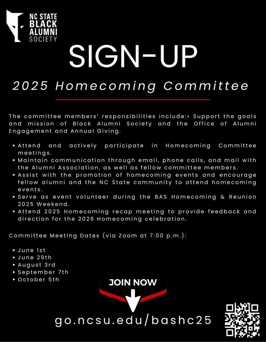 🗣️ Calling all BAS Volunteers! 

It’s time to prepare for Homecoming 2025! 
If you’re interested in volunteering to serve on the Homecoming committee, use the link below to sign up!  👇🏾👇🏾

We’d love to have you!

❤️🐺 #HowlBack
#Repost

go.ncsu.edu/bashc25
