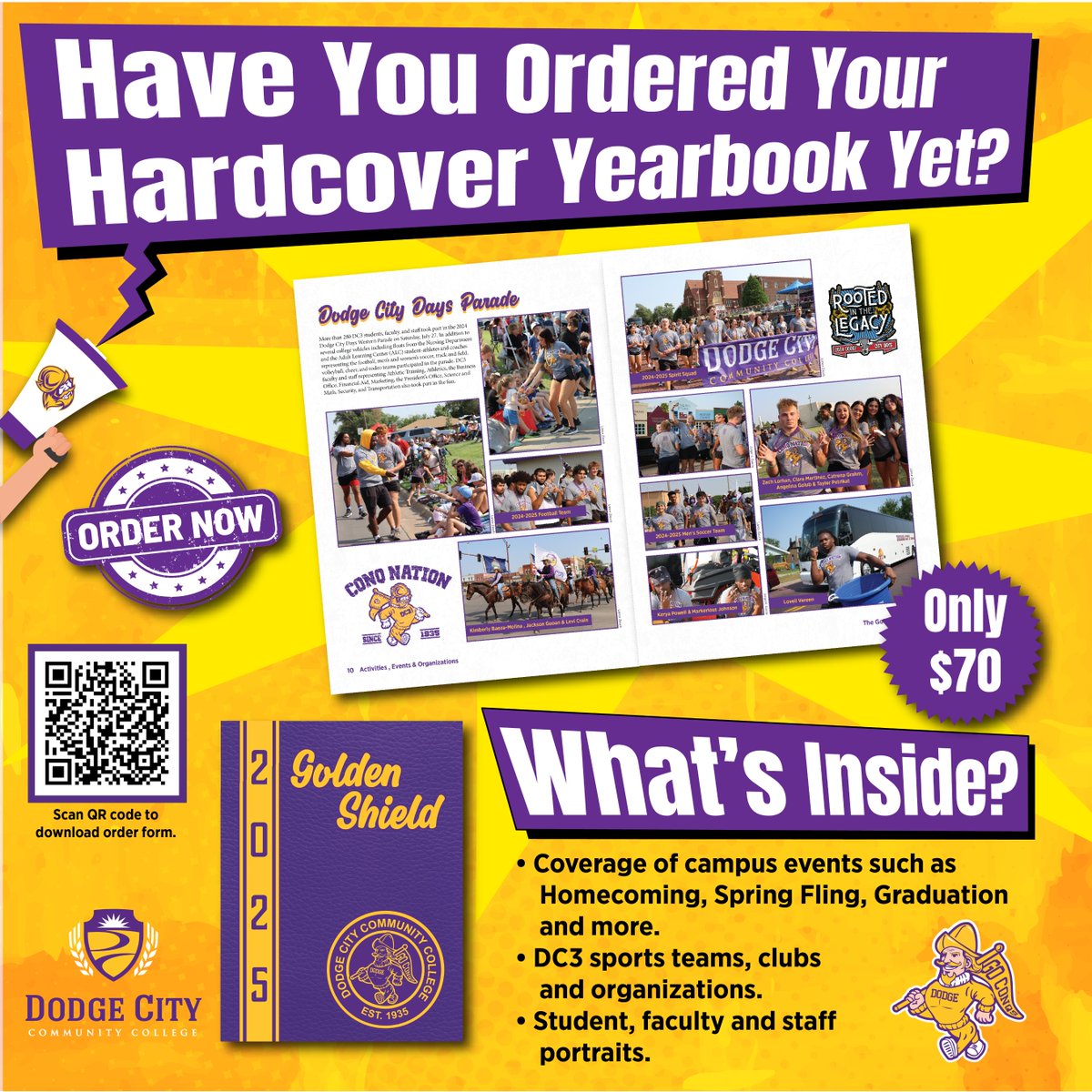 DodgeCityCC's tweet photo. You heard right! Dodge City Community College's Golden Shield yearbook is back! Order yours today by visiting the business office on campus or scan the QR code! #ConqNation https://t.co/W1cmhCFQsk