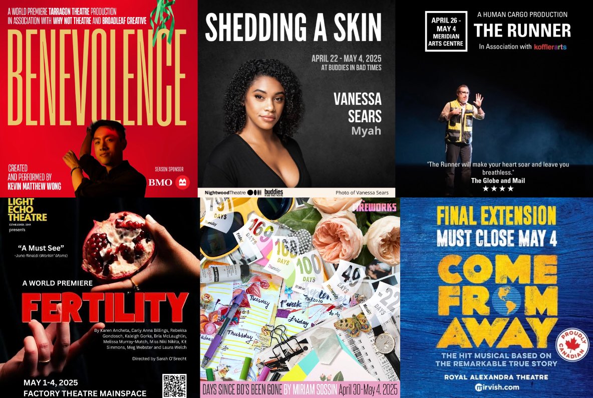 Derrick Chua (@d_chua) on Twitter photo Last chance TO shows closing this weekend: Benevolence at @TarragonTheatre, Shedding A Skin at @BuddiesTO, The Runner at <a href="/HGJTC/">Harold Green Theatre</a>, Fertility at <a href="/FactoryToronto/">Factory Theatre</a>, Days Since Bo’s Been Gone at @AlumnaeTheatre and Come From Away at <a href="/Mirvish/">Mirvish Productions</a>. Last chance TO shows closing this weekend: Benevolence at @TarragonTheatre, Shedding A Skin at @BuddiesTO, The Runner at <a href="/HGJTC/">Harold Green Theatre</a>, Fertility at <a href="/FactoryToronto/">Factory Theatre</a>, Days Since Bo’s Been Gone at @AlumnaeTheatre and Come From Away at <a href="/Mirvish/">Mirvish Productions</a>.