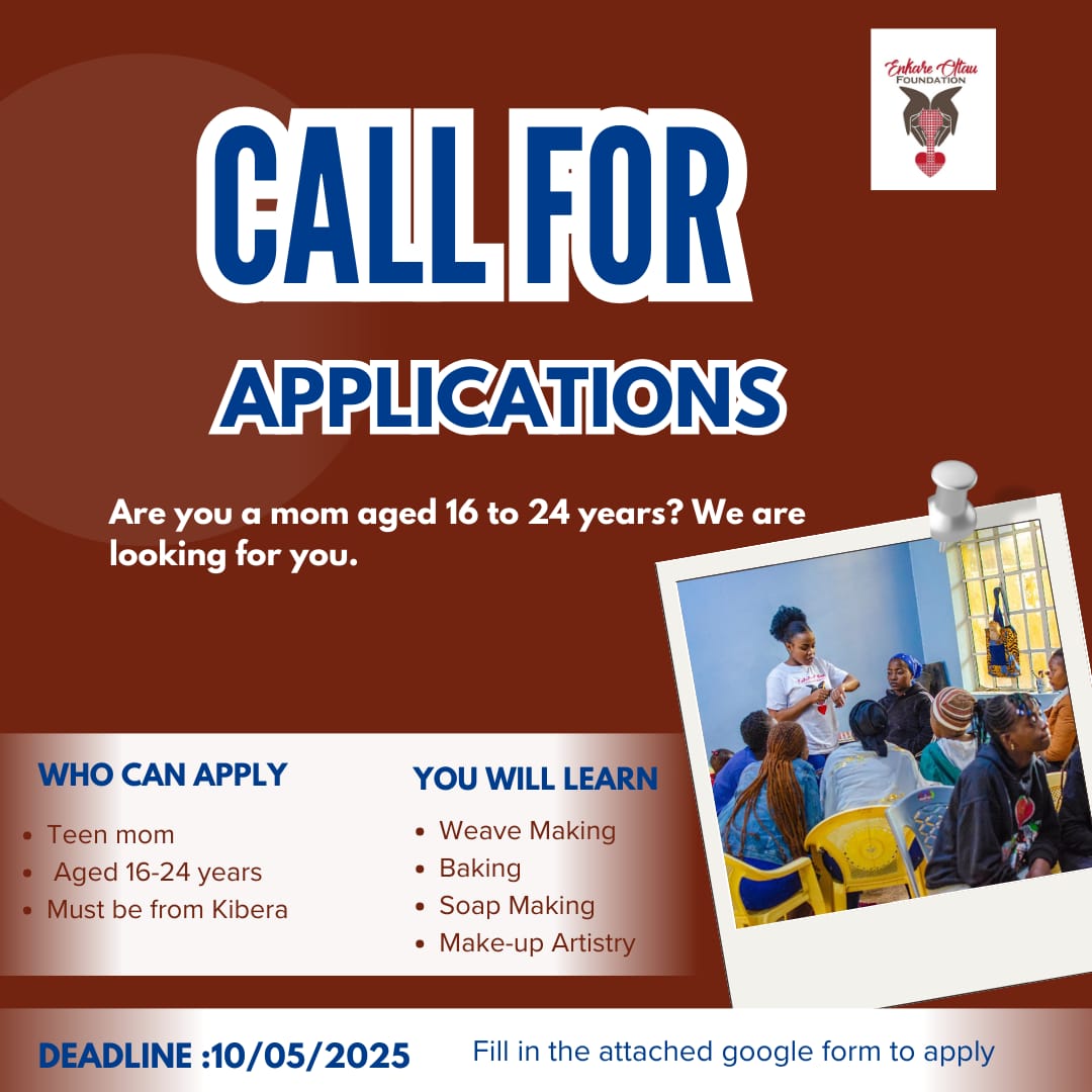 CALL FOR TEEN MOMS!
Are you a teen mom (16–24) in Kibera? Join Cohort 2 of our Skills Program—training in baking, makeup, hairdressing, soap, wigs &amp; more.

Graduate with a certificate &amp; real tools to thrive!

Apply now—shorturl.at/8jort