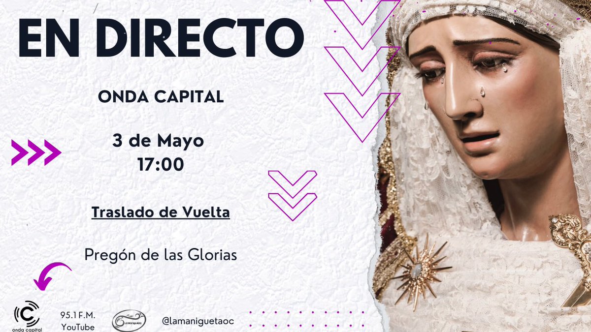 🟣 Vive En Directo en Onda Capital el traslado de Vuelta de <a href="/HDesamparados/">Hermandad de Ntra. Sra. de los Desamparados</a> 

⏰ 17:00

🎶 <a href="/BM_LaPuebla/">BM La Puebla</a> 

🔗 youtube.com/live/Pz-w7FaR9… 

#SevillaASuAmparo #BurdeosYOro