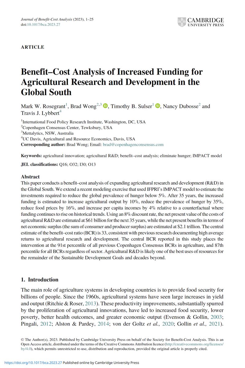 One of the best investments to make more food:

$5.5bn/year to make higher-yielding cassava, sorghum etc.

Farmers produce more, consumers pay less, saving 133 million from hunger

Peer-reviewed #SDGs research published by Cambridge University Press

cambridge.org/core/journals/…