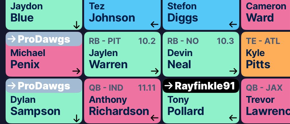 RayF1nkle's tweet photo. @DynastyZoltanFF My startup is cooked. 

UDFA Tez just went 9.11 followed by Blue and then Devin, all while Bech was still on the board (went 10.5) https://t.co/RHXaCYxqPj