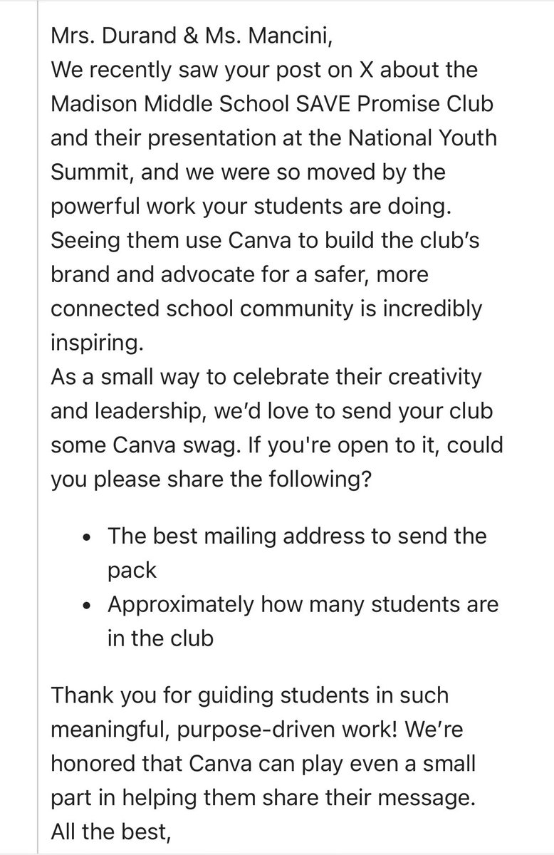 Michaela Durand (@mrsdurand_tis) on Twitter photo Just another reason why I love <a href="/canva/">Canva</a>! Thanks for acknowledging the efforts of our club and for celebrating their creativity and leadership. <a href="/sandyhook/">Sandy Hook Promise</a> <a href="/NATIONALSAVE/">SAVE Promise Club</a> Just another reason why I love <a href="/canva/">Canva</a>! Thanks for acknowledging the efforts of our club and for celebrating their creativity and leadership. <a href="/sandyhook/">Sandy Hook Promise</a> <a href="/NATIONALSAVE/">SAVE Promise Club</a>
