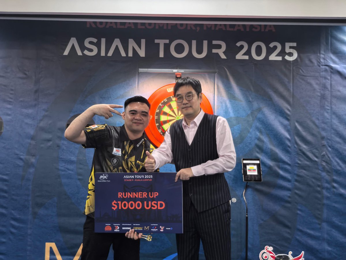 PDC_Asian_Tour's tweet photo. 2025 PDC Asian Tour 9 Kuala Lumpur Winner List :

Champion:   Rivera, Reynaldo

Finalist:   Hj Shamsul Ariffin, Abdul Qahar Ukail

Semi Finalist :    

Goto, Tomoya

Quijano, Aris

Congratulations ! https://t.co/pcbJs7a4iR
