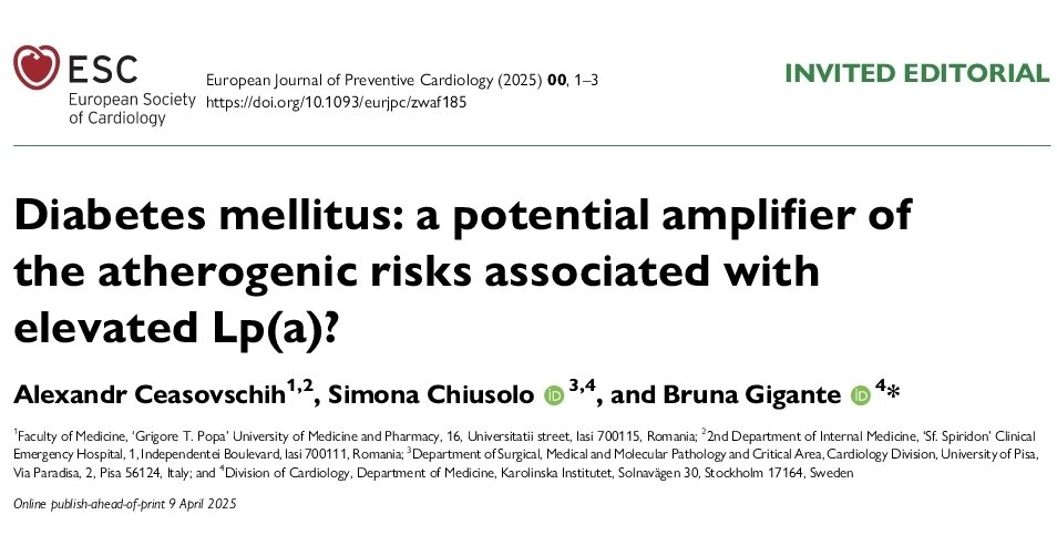 ACeasovschih's tweet image. Is diabetes mellitus a potential amplifier of the atherogenic risk linked to elevated Lp(a)? Find out how this question - and others - are addressed in our latest editorial 🔗
academic.oup.com/eurjpc/advance…
@EJPCEiC