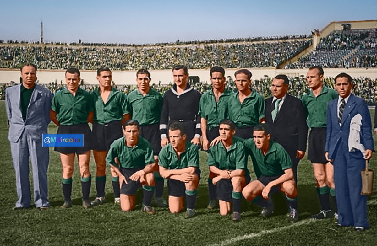MSircolor's tweet photo. Foto coloreada del @racingdeferrol en la final de la Copa de España, disputada en #Montjuïc el 25-6-1939 frente al @SevillaFC,resultado de 2-6; #Silvera⚽️⚽️, #Caliche, #Bertolí, #Alberty🇭🇺, #Moreno, #Portugués, #Planas (Entr.), #Basterrechea, #Lelé, #Gallart, #Barón y #Edelmiro. https://t.co/dXUWAlVniE