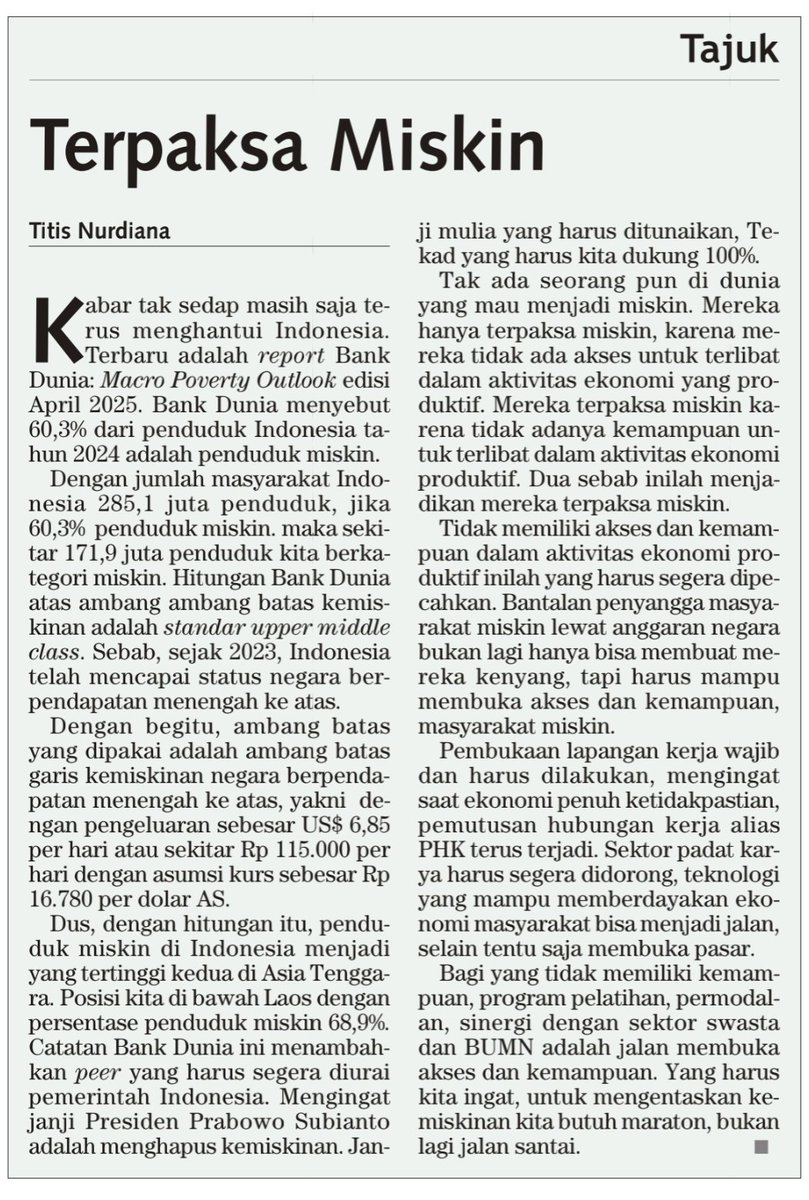 Macro Poverty Outlook April 2025:
Indonesia memiliki lebih banyak penduduk miskin (44,3 juta) vs Malaysia (0,8 juta).
Itu perbandingan dengan Malaysia menggunakan ambang $6,85/hari, dan Indonesia menggunakan ambang yang lebih rendah ($3,65/hari).. alarm bagi pemimpin Indonesia..