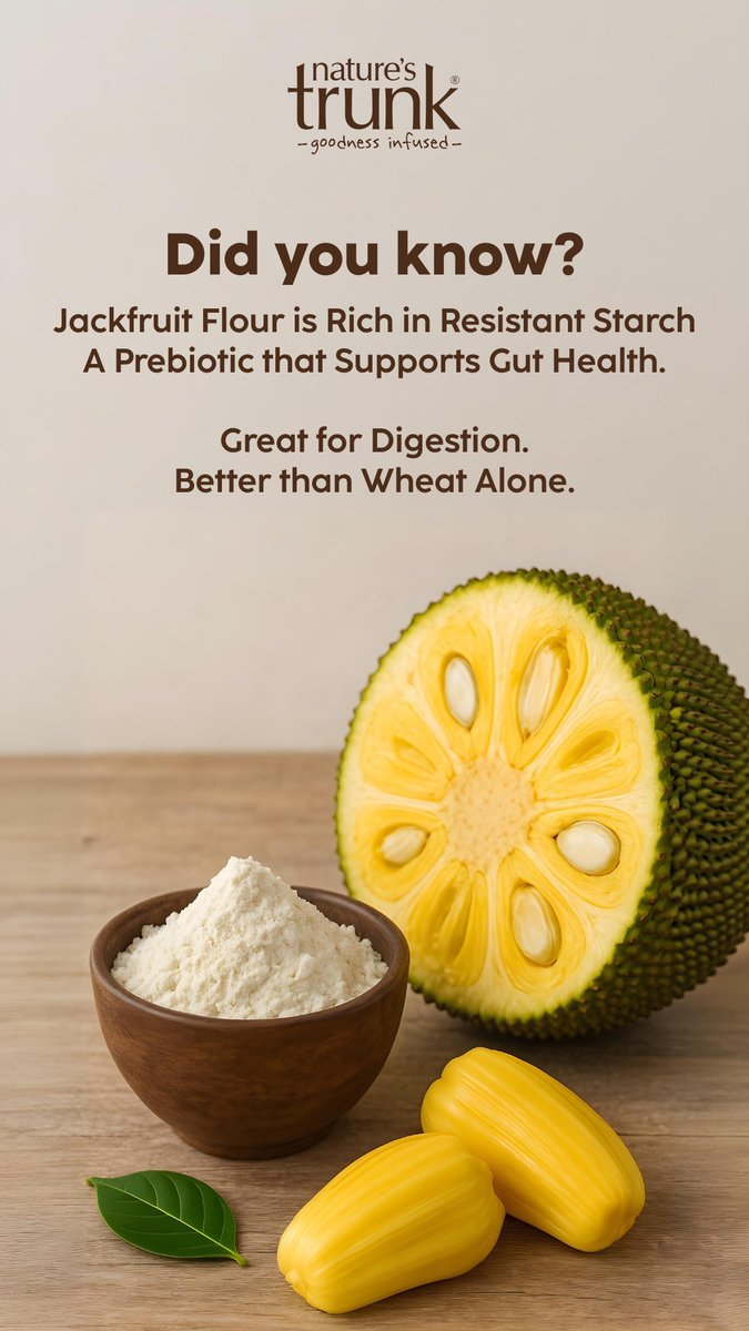 Natures_Trunk's tweet image. 🌟 Upgrade your plate &amp;amp; Upgrade your gut! 
Jackfruit Flour is full of natural fiber, a prebiotic boost, smooth digestion. Why stick to just wheat when you can mix in the magic? 
Say hello to happy tummies &amp;amp; goodbye to unhealthy gut! #JackfruitFlour #GutFriendly #DigestiveHealth