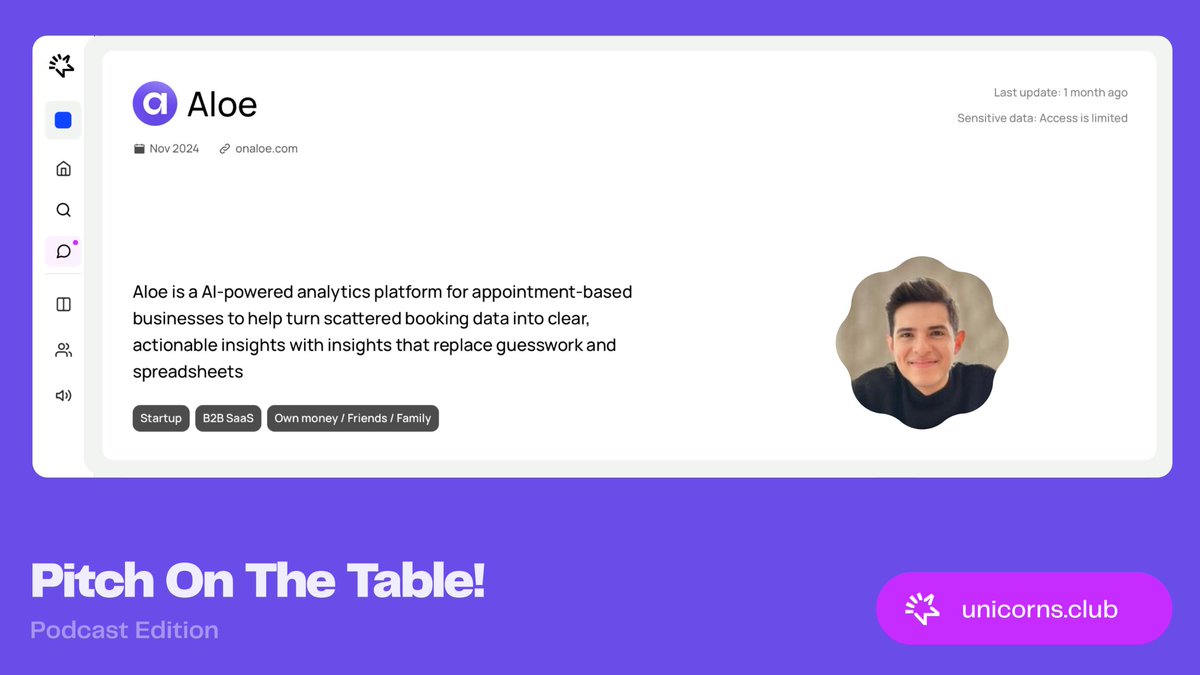 This time on Pitch On the Table, we’re featuring Aloe — the AI-powered analytics platform for appointment-based businesses. No more spreadsheets. Just real insights to help you grow!

🎙️ Tune in now: youtu.be/3CtsJdXF3hc

#PitchOnTheTable #Pitch #Analytics #SaaS #Startups #AI