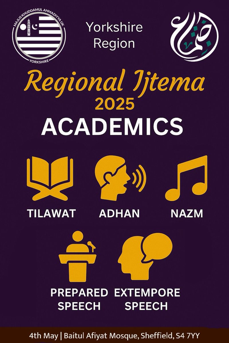 Just 1 day left! The Yorkshire Khuddam Ijtema 2025 is happening this Sunday, 4th May in Sheffield! 🚀

Get ready for an unforgettable day packed with academics, thrilling sports, and the buzzing Hub with treats and snacks. Food and drinks will be flowing all day-so come hungry