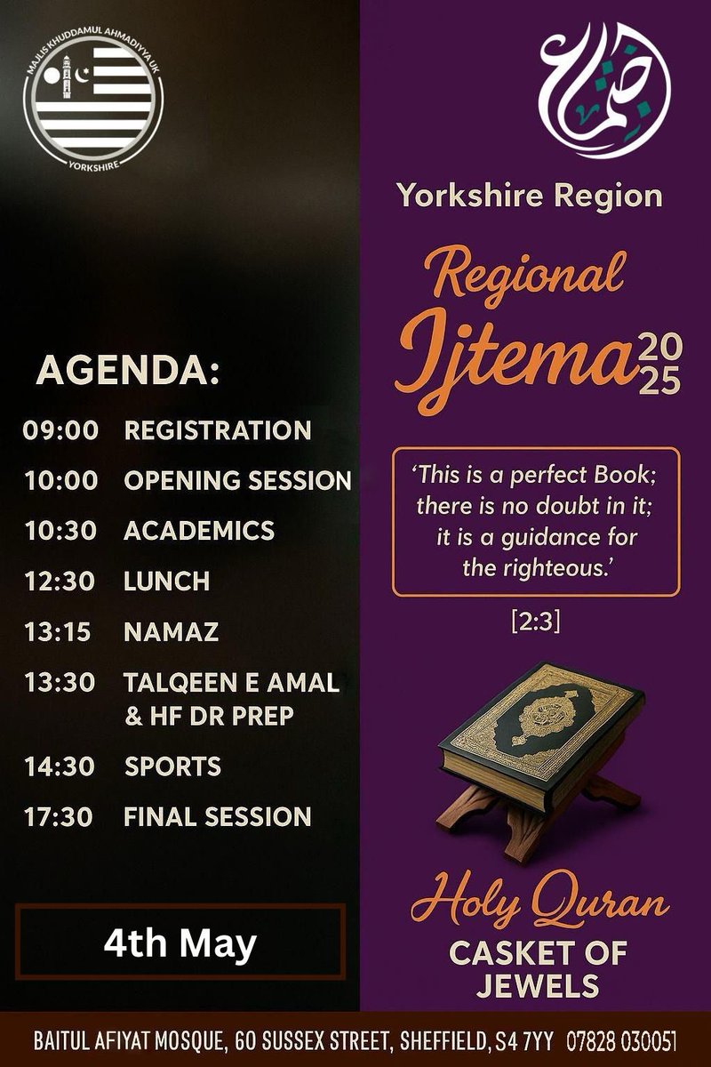 RQYorkshire's tweet photo. Just 1 day left! The Yorkshire Khuddam Ijtema 2025 is happening this Sunday, 4th May in Sheffield! 🚀

Get ready for an unforgettable day packed with academics, thrilling sports, and the buzzing Hub with treats and snacks. Food and drinks will be flowing all day-so come hungry for knowledge, competition, and connection!

Don’t miss out on the biggest Yorkshire Khuddam event of the year. Rally your friends, bring your energy, and let’s make memories together in Sheffield! #Ijtema2025 #YorkshireKhuddam