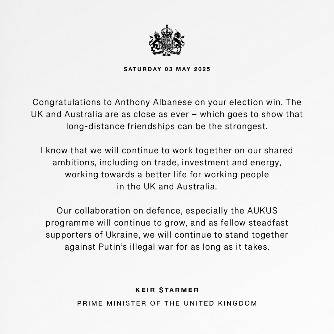 Keir Starmer (@keir_starmer) on Twitter photo Congratulations, <a href="/AlboMP/">Anthony Albanese</a> on your election win.
The UK and Australia are as close as ever — and we will continue to work together to deliver a brighter future for working people in both of our countries. Congratulations, <a href="/AlboMP/">Anthony Albanese</a> on your election win.
The UK and Australia are as close as ever — and we will continue to work together to deliver a brighter future for working people in both of our countries.
