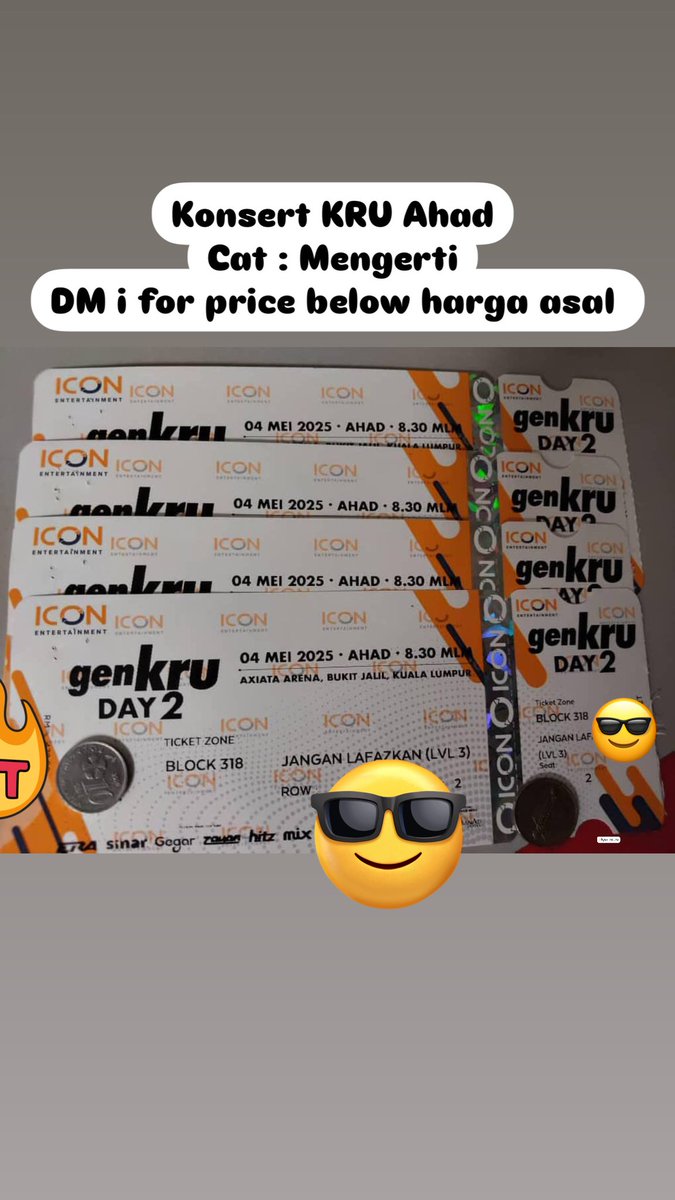 idayu_hamid's tweet photo. WTS 
#GenKRU tickets 
Day 2 (4 Mei 2025)

Available tickets :
4 tickets Zone MENGERTI
RM400

DM if you are interested
All foreigners and local fans boleh DM 
019 303 3685

Trusted seller
#KRU #KRUinKL #KRULiveinKL #GENKRUinKL https://t.co/Ht9SZHs7XN