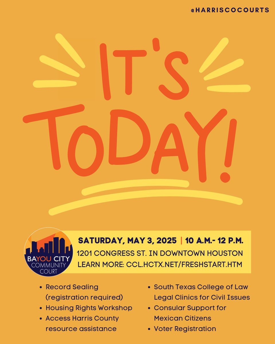 Harris County Courts (@harriscocourts) on Twitter photo Fresh Start is TODAY! If you are eligible for record sealing, you must attend in person to receive services. Not eligible? You can still access community resources: ccl.hctx.net/FreshStart.htm
<a href="/Pct1Constable/">Office of Harris County Constable Pct 1 Alan Rosen</a> <a href="/HCCSCD/">Harris County CSCD</a> @HAAOnline <a href="/NeighborhoodDef/">Neighborhood Defender Service</a> <a href="/ConsulMexHou/">Consulado General de México en Houston</a> <a href="/hcphtx/">Harris County Public Health #GetVaxxed</a> @stcl_houston Fresh Start is TODAY! If you are eligible for record sealing, you must attend in person to receive services. Not eligible? You can still access community resources: ccl.hctx.net/FreshStart.htm
<a href="/Pct1Constable/">Office of Harris County Constable Pct 1 Alan Rosen</a> <a href="/HCCSCD/">Harris County CSCD</a> @HAAOnline <a href="/NeighborhoodDef/">Neighborhood Defender Service</a> <a href="/ConsulMexHou/">Consulado General de México en Houston</a> <a href="/hcphtx/">Harris County Public Health #GetVaxxed</a> @stcl_houston