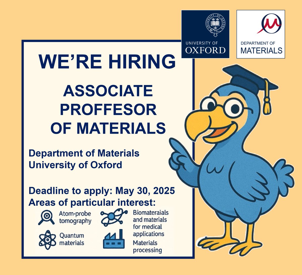 Ruy Sebastian Bonilla moved to BSKY (@bonillaruys) on Twitter photo 📢 We’re hiring! 📢
Join <a href="/UniofOxford/">University of Oxford</a> <a href="/OxfordMaterials/">Oxford Materials</a> an Associate Professor of Materials
🔬 Research areas incl. atom-probe tomography, biomaterials, quantum materials, mat processing.
💼 £55.7k–£74.8k + benefits
🗓 Apply by 30 May 2025
👉 materials.ox.ac.uk/vacancies 📢 We’re hiring! 📢
Join <a href="/UniofOxford/">University of Oxford</a> <a href="/OxfordMaterials/">Oxford Materials</a> an Associate Professor of Materials
🔬 Research areas incl. atom-probe tomography, biomaterials, quantum materials, mat processing.
💼 £55.7k–£74.8k + benefits
🗓 Apply by 30 May 2025
👉 materials.ox.ac.uk/vacancies