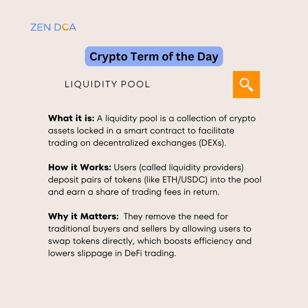 It’s a pool of crypto locked in smart contracts to enable trading. Traders swap, and liquidity providers earn fees.

ZenDCA keeps you informed because smart stacking goes beyond just buying. 

 #ZenDCA