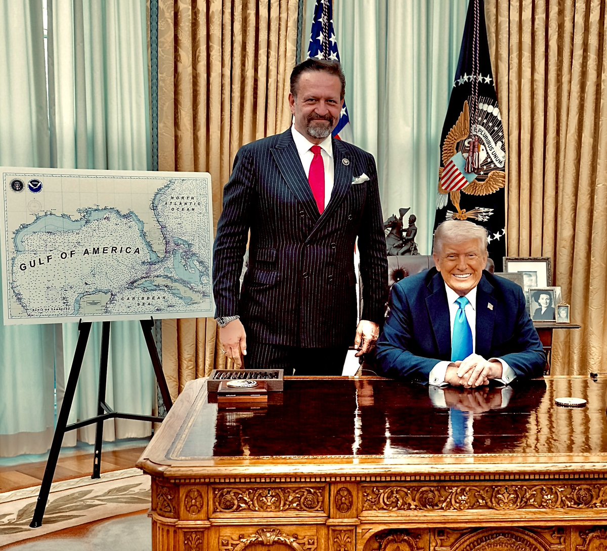Sebastian Gorka DrG (@sebgorka) on Twitter photo When President <a href="/realDonaldTrump/">Donald J. Trump</a> tells you in the Rose Garden that it’s time to update your Oval Office portrait.
Next to the new Gulf of America map! When President <a href="/realDonaldTrump/">Donald J. Trump</a> tells you in the Rose Garden that it’s time to update your Oval Office portrait.
Next to the new Gulf of America map!