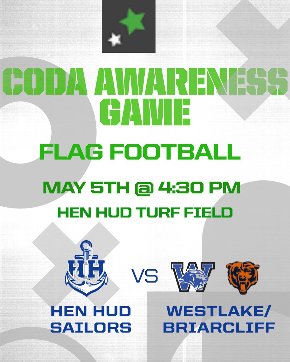 <a href="/HenHudAthletics/">Hen Hud Athletics</a> Flag Football takes on <a href="/BCliffBears/">Briarcliff Athletics</a> <a href="/BeWildcatStrong/">Westlake Athletics</a> on Mon, May 5th in a CODA Awareness Game. Join us for a great game and learn about Co-Occuring Disorders (COD) and <a href="/theharrispro/">the harris project</a> #MentalMatters <a href="/SSS_Matters/">Sailors Supporting Sailors</a>