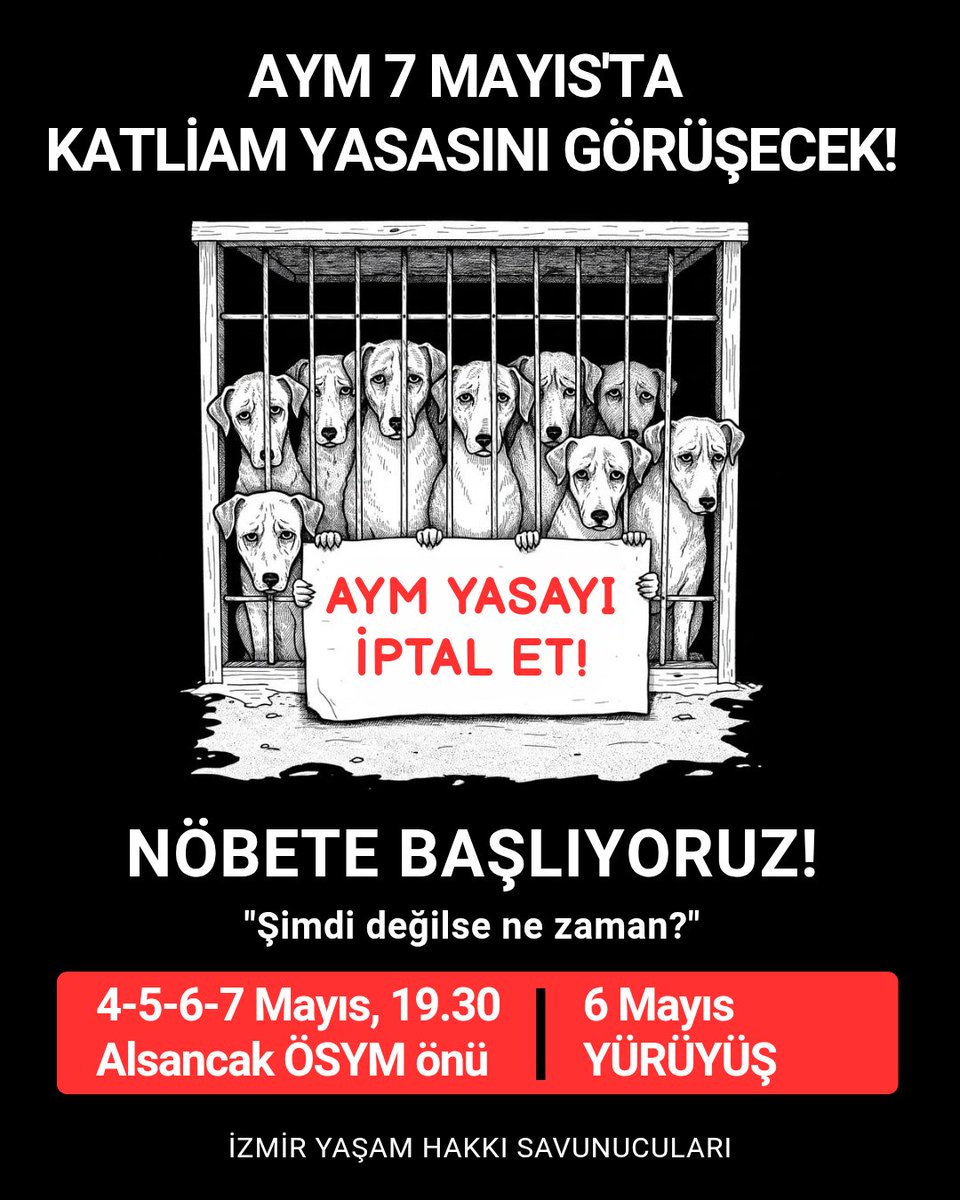 4-5-6-7 Mayıs'ta hayvanlardan başka bir gündemimiz yok. Herkesi bulunduğu alanda #AymYasayıİptalEt talebini büyütmeye çağırıyoruz.

4-5-6-7 Mayıs'ta Alsancak ÖSYM önünde nöbetteyiz.
6 Mayıs'ta yürüyoruz.
7 Mayıs'ta hem AYM önündeyiz, hem İzmir'de nöbetteyiz. @aymbaskanligi