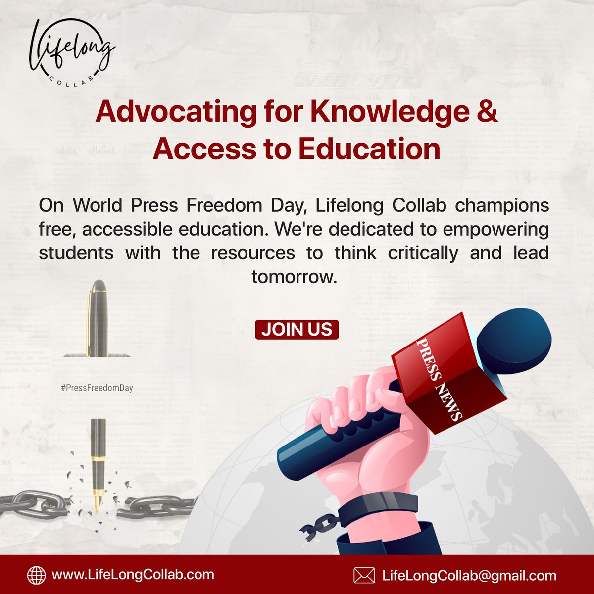 LifelongCollab's tweet photo. 🖋️ On #WorldPressFreedomDay, we at LifeLong Collab advocate for the right to free, accessible education. Like the press, education empowers &amp; informs. Join us in championing critical thinking and educational access for all! #EducationForAll #LifeLongCollab #FreedomOfEducation https://t.co/kJY0WoCA4t
