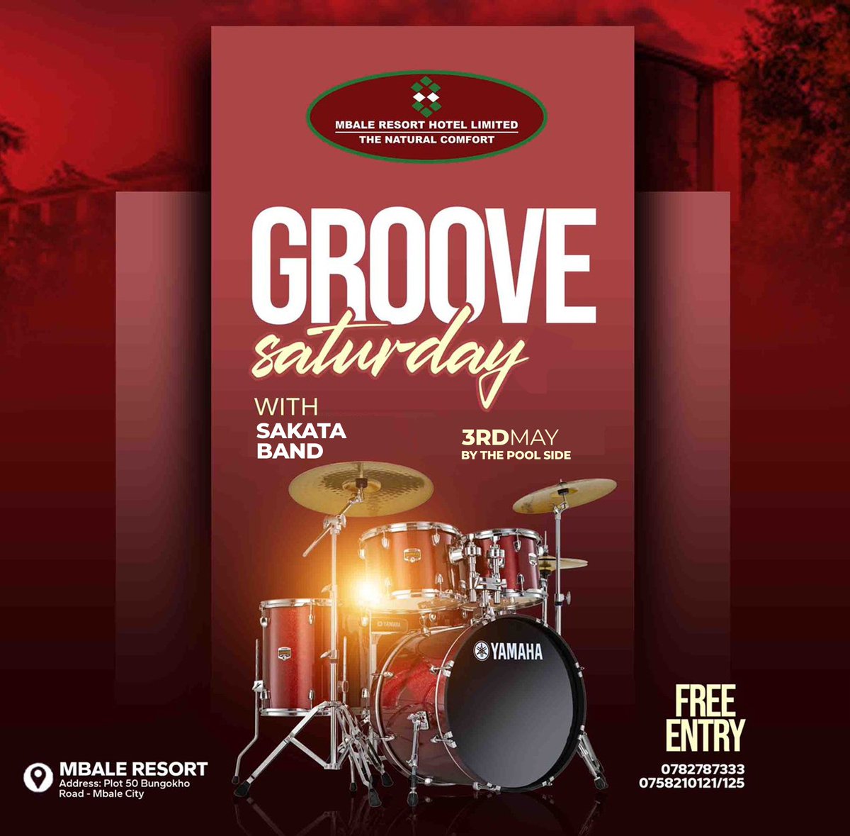 mbaleresort's tweet photo. Groove Saturday is on tonight!

Join us by the poolside at Mbale Resort Hotel for a thrilling live performance by SAKATA BAND.

Date: 3rd May | Time: 7PM till late
Entry: FREE

Good vibes, great music, liver soccer discounted pizzas, nyama choma!

#GrooveSaturday #MBALERESORTHOTEL