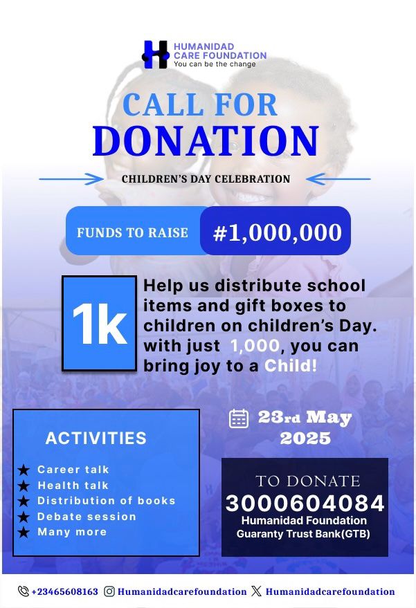 Humanidadcare's tweet photo. It takes a village to raise a Child.

This Children's Day,let's come together as a community to give children in our community a day they will never forget.

From a fun filled day to an Educational session, all this can be made possible by you and I https://t.co/OiNVpIJrSp