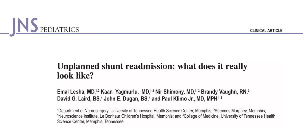 UTHSC Neurosurgery (@memphisnsgy) on Twitter photo Check out the most recent paper from <a href="/LeBonheurChild/">Le Bonheur Children's</a> neurosurgery in <a href="/TheJNS/">Journal of Neurosurgery</a>! <a href="/KlimoJr/">Paul Klimo Jr. MD MPH</a> and team assessed reasons for unplanned readmission after shunt placement. pubmed.ncbi.nlm.nih.gov/40250058/ Check out the most recent paper from <a href="/LeBonheurChild/">Le Bonheur Children's</a> neurosurgery in <a href="/TheJNS/">Journal of Neurosurgery</a>! <a href="/KlimoJr/">Paul Klimo Jr. MD MPH</a> and team assessed reasons for unplanned readmission after shunt placement. pubmed.ncbi.nlm.nih.gov/40250058/