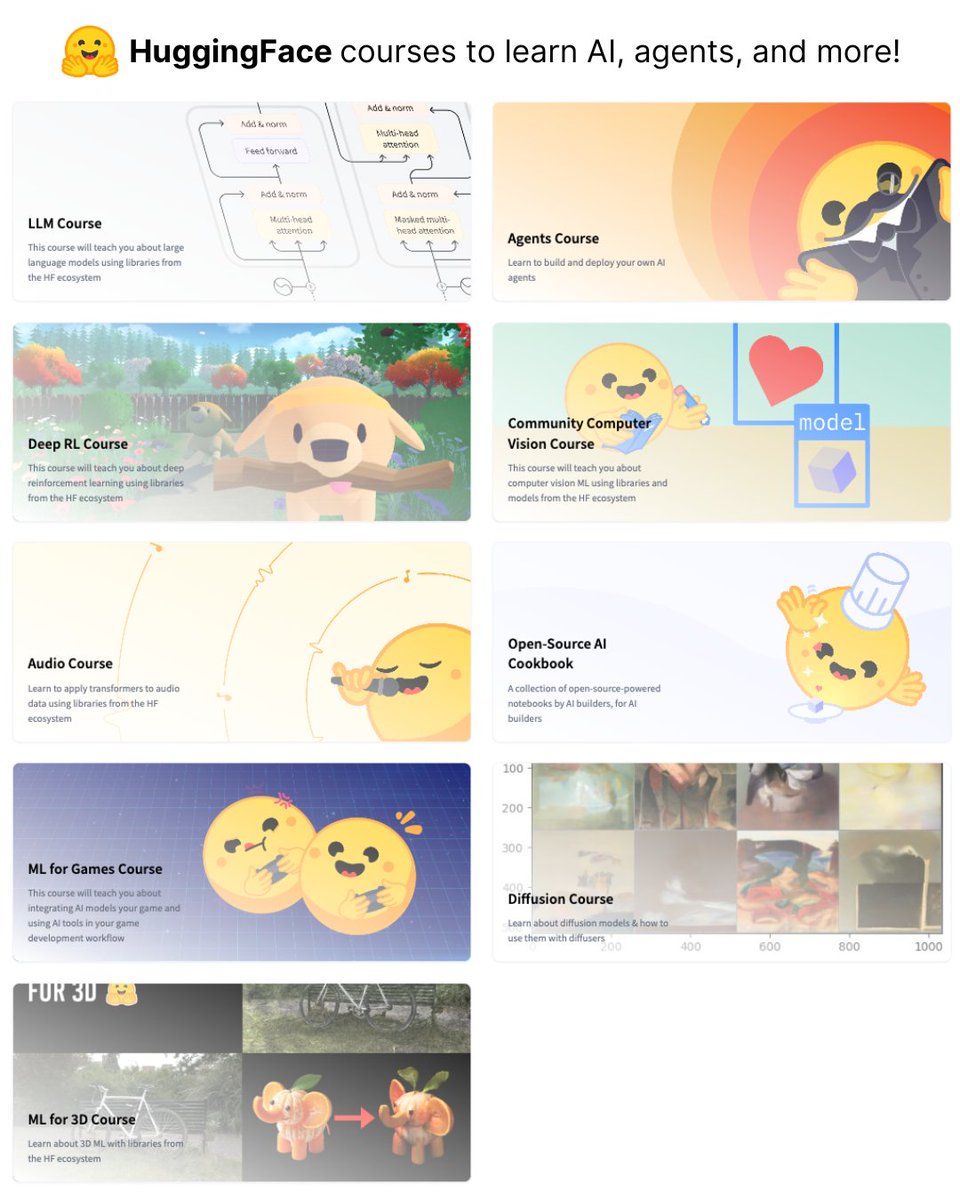🚨 BREAKING: HuggingFace just dropped 9 free courses to level up your AI skills.

From LLMs to agents, vision to gaming, audio to 3D and it's all open-source, all hands-on, and all free.

Here’s what’s inside ↓