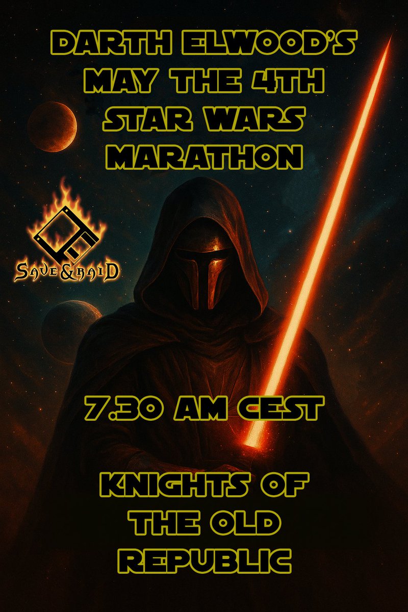 DarthElwood's tweet photo. My #SaveandRaid milestone: tomorrow, #MayThe4th , #StarWars #Marathon on #twitch playing #KotOR (#Darkside path), starting at 7.30 AM CEST. Make sure to enter the big #giveaway ! Countdown: https://t.co/nWt7sQagxx #MayThe4thBeWithYou #StarWarsDay #retro #retrogaming #swtor https://t.co/DLHEpL7Kru