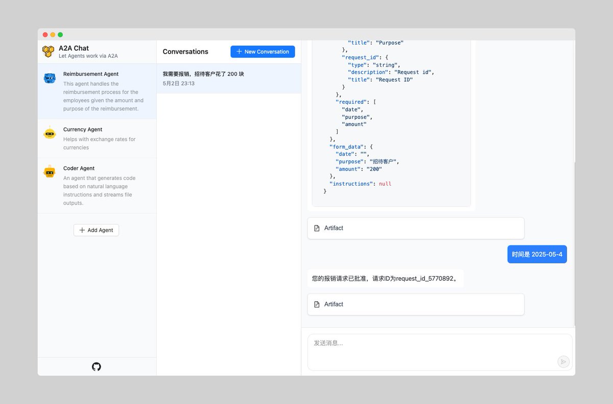最近 MCP 这么火，都没几个人关注 Google 发布的 A2A 协议，我深入研究了一下，开发了一个基于 Agent 2 Agent 协议的聊天应用，通过对话给 Agent 下发任务，感兴趣的可以试试：
github.com/HiveNexus/A2A-…