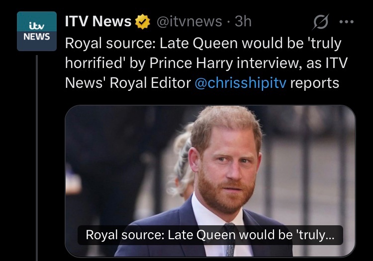 MauvCoui's tweet photo. #FixItForYou
Source 👀👀👀
Late Queen would be ‘truly horrified’ that Prince Harry security was removed
Even in death they are using this woman against her grandson https://t.co/3OmzWOlU9L