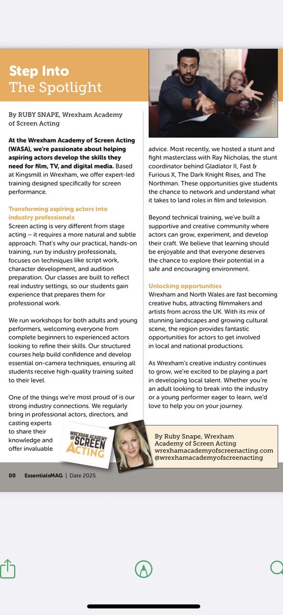 rubysnape's tweet image. @EssentialsMAG1 thank you for including Wrexham Academy of Screen Acting article in last months edition 🙏