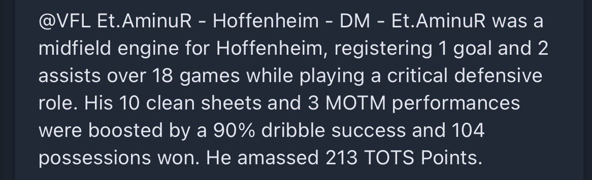 VFL SZN 64 Bundesliga 2 🇩🇪

Team - VFL Hoffenheim - Managed by <a href="/_TxMT_/">TxMT</a> 👔

#1 Defensive Midfielder 🏆 || TOTS 🎉

Stats ⬇️

18 Games 🎮 || 1 Goal 🎯 || 2 Assists ⚽️ || 10 CS ✅ || 104 Possession Wins 🔥|| 3 POTM🏅|| 213 Points 🥶

<a href="/TheVFL_/">VFL</a>
