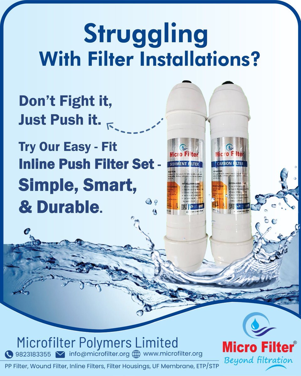 MicroFilterX's tweet image. Say Goodbye to Complex Filter Installations!
Upgrade to Micro Filter’s Inline Push Filter Set - the easy-fit, durable water purifier filter for hassle-free installation.
📞  9823183355
🌐  microfilter.org

#ROFilter #WaterPurifierFilter #InlineFilter #PushFitFilter