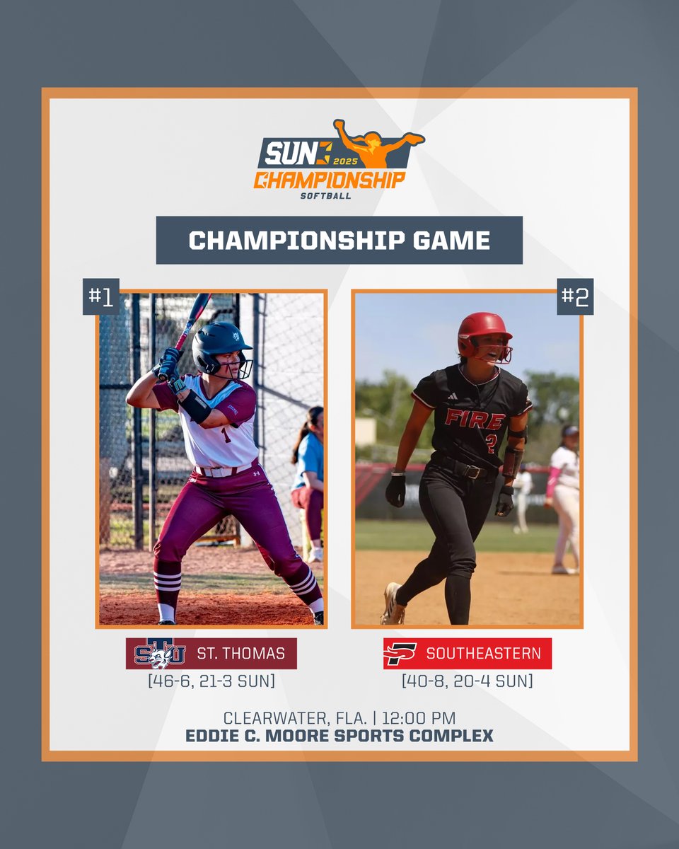 SunConference's tweet photo. Championship Saturday 🏆
@STU_Softball and @SEUFireSoftball meet again in the #SUNSB Tournament Championship.
First pitch is set for 12:00 p.m.—SEU must win twice to take the title!
TUNE IN 📺 https://t.co/jSh2EC3HCY https://t.co/ll6fHVIipy