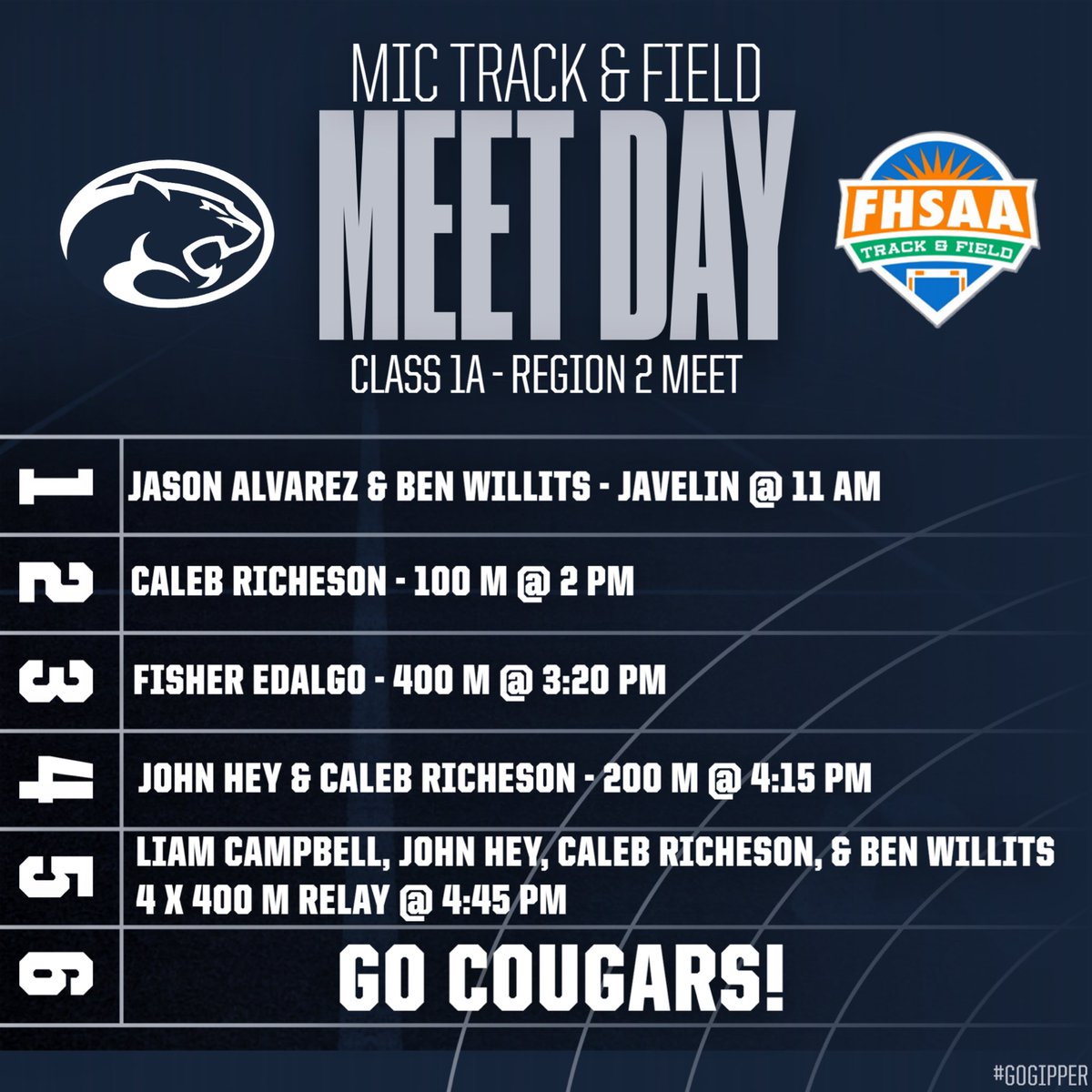 Today, several MIC student-athletes are competing in the Class 1A-Region 2 Track &amp; Field Meet at Satellite High School! Admission is $9 and may be purchased in advance at the link below.

gofan.co/event/3576563

PARKING: Free parking is available at the David R. Schechter
