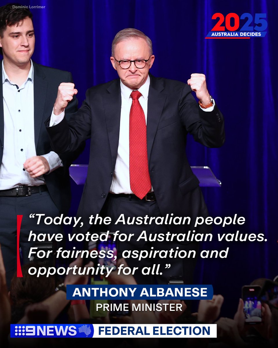 9NewsAUS's tweet photo. A teary Anthony Albanese has delivered his victory speech to a raucous crowd of supporters at Labor HQ.

He is the first Labor prime minister in Australia to win two elections in a row since Bob Hawke in 1990. #9News

#AustraliaDecides | LIVE on Channel 9, 9Now and Stan https://t.co/gtwnZpN41u