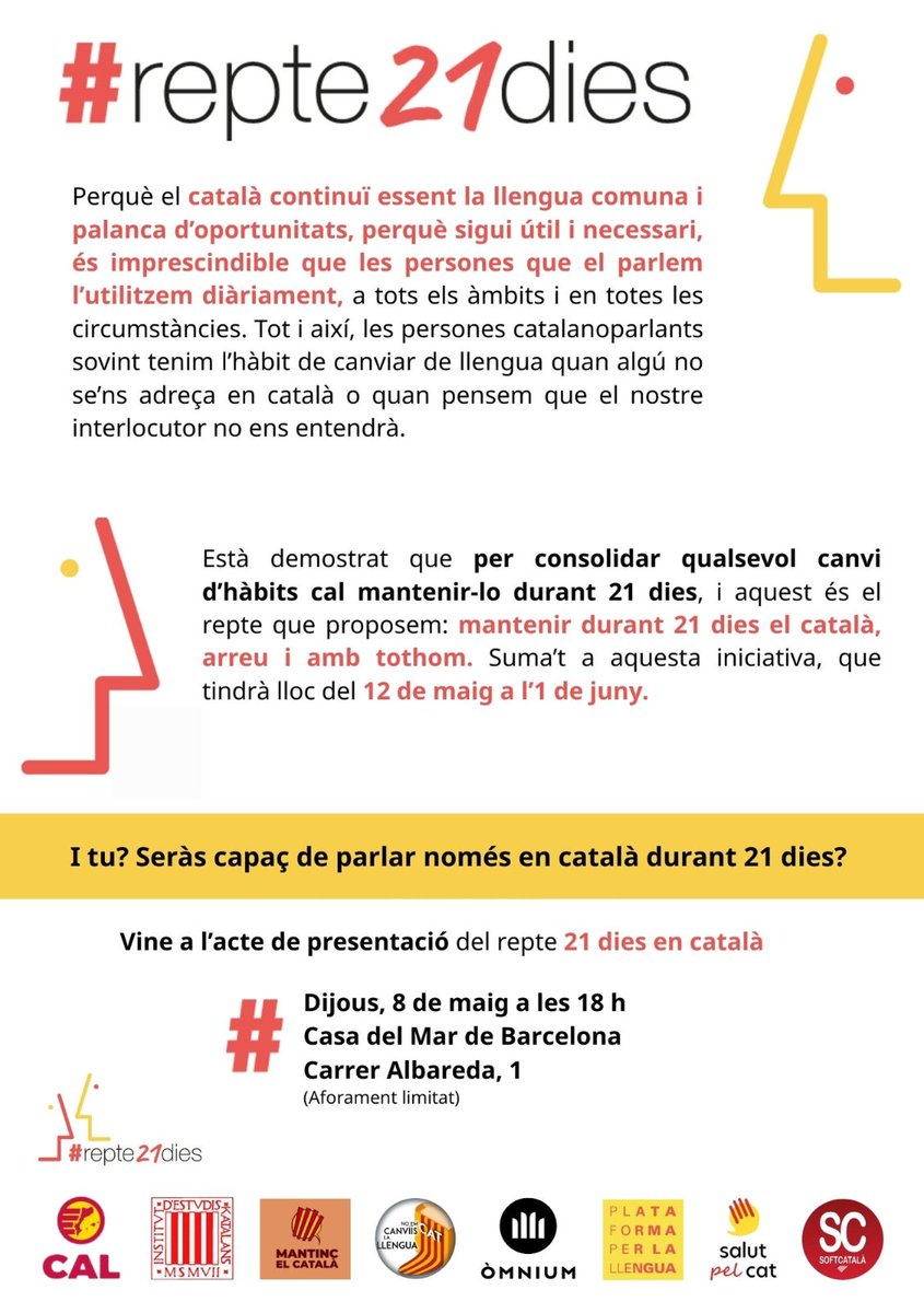 Mantinc el Català (@mantincelcatala) on Twitter photo 📢 El dijous 8 de maig a les 18h es presentarà el #Repte21dies a la Casa del Mar de Barcelona.
📷 21 dies mantenint el català a tot arreu i amb tothom. I tu? En seràs capaç?
Organitza: <a href="/CAL_cat/">Coordinadora d'Associacions per la Llengua (CAL)</a>, <a href="/iec/">IEC</a>, <a href="/mantincelcatala/">Mantinc el Català</a>, <a href="/CanviisEm/">No em canviïs la llengua</a>, <a href="/omnium/">Òmnium Cultural</a>, <a href="/llenguacat/">Plataforma per la Llengua 📢</a>, <a href="/MetgxCat/">Salut pel Català</a> i <a href="/softcatala/">Softcatalà</a>. 📢 El dijous 8 de maig a les 18h es presentarà el #Repte21dies a la Casa del Mar de Barcelona.
📷 21 dies mantenint el català a tot arreu i amb tothom. I tu? En seràs capaç?
Organitza: <a href="/CAL_cat/">Coordinadora d'Associacions per la Llengua (CAL)</a>, <a href="/iec/">IEC</a>, <a href="/mantincelcatala/">Mantinc el Català</a>, <a href="/CanviisEm/">No em canviïs la llengua</a>, <a href="/omnium/">Òmnium Cultural</a>, <a href="/llenguacat/">Plataforma per la Llengua 📢</a>, <a href="/MetgxCat/">Salut pel Català</a> i <a href="/softcatala/">Softcatalà</a>.