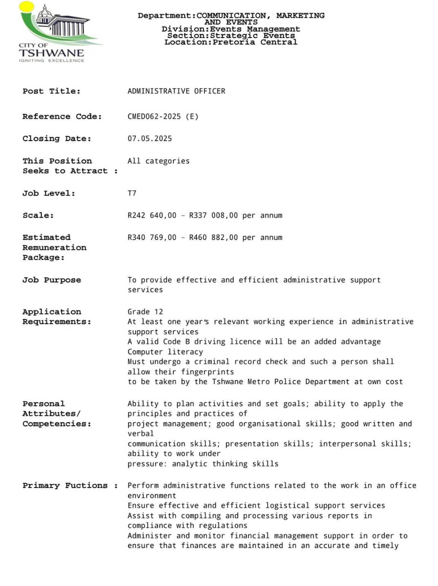 <a href="/ChrisExcel102/">ChrisExcel</a> 📌Administrative Officer at City of Tshwane

📍Pretoria Central 

Salary: R242,640- R460,882 p/a
Requirements:
- Grade 12/ Matric 
- Valid Driver’s license
Closing Date: 07 May 2025 visionsoul.co.za/office-adminis…
profitableratecpm.com/rwf2vc2ni?key=…