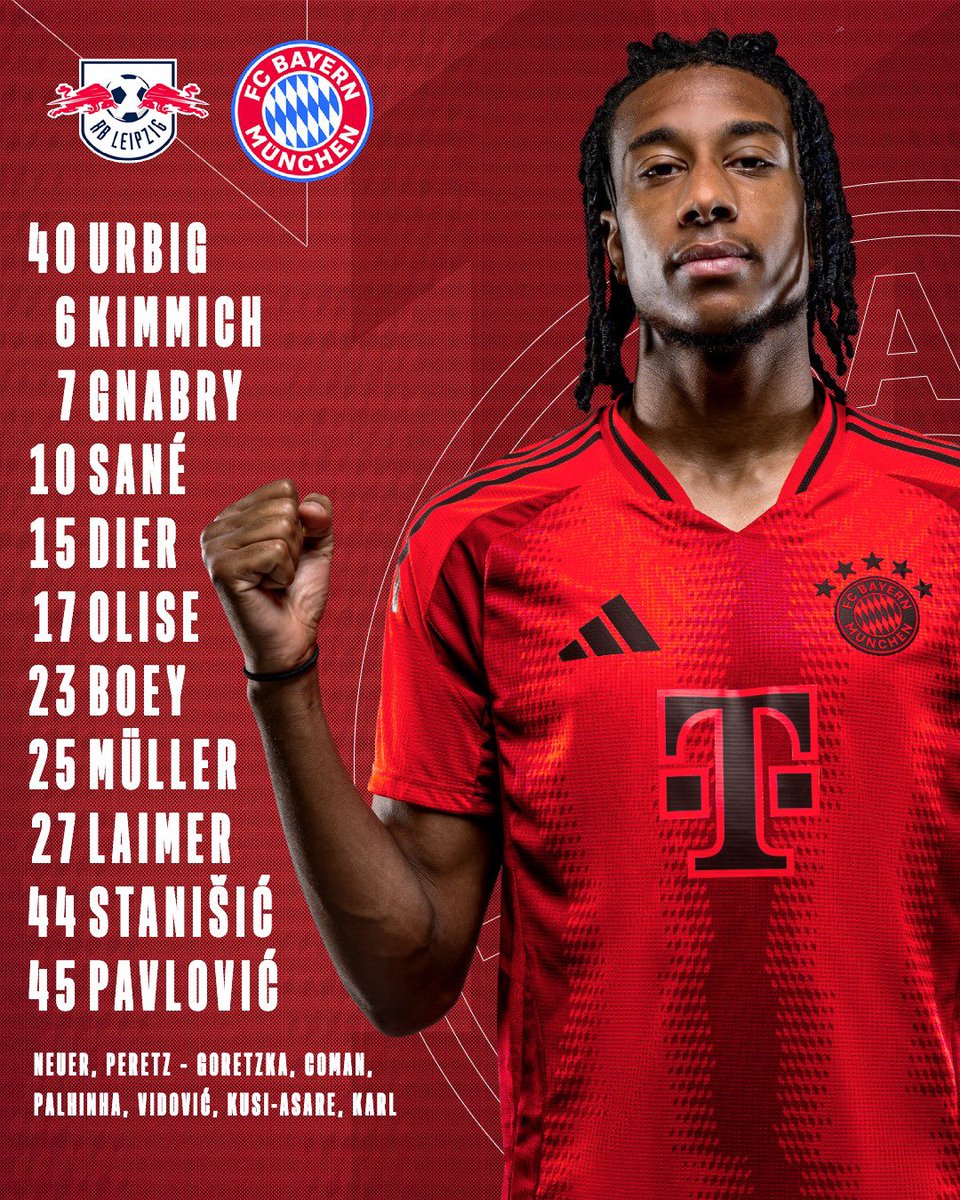 👕- ライプツィヒ戦スタメン発表✍️

#FCBayern #RBLFCB #packmas #MiaSanMia